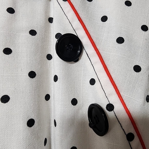 Vintage White Pin Up Polka Dot Belted Dress With Buttons Red Trim - Picture 5 of 10